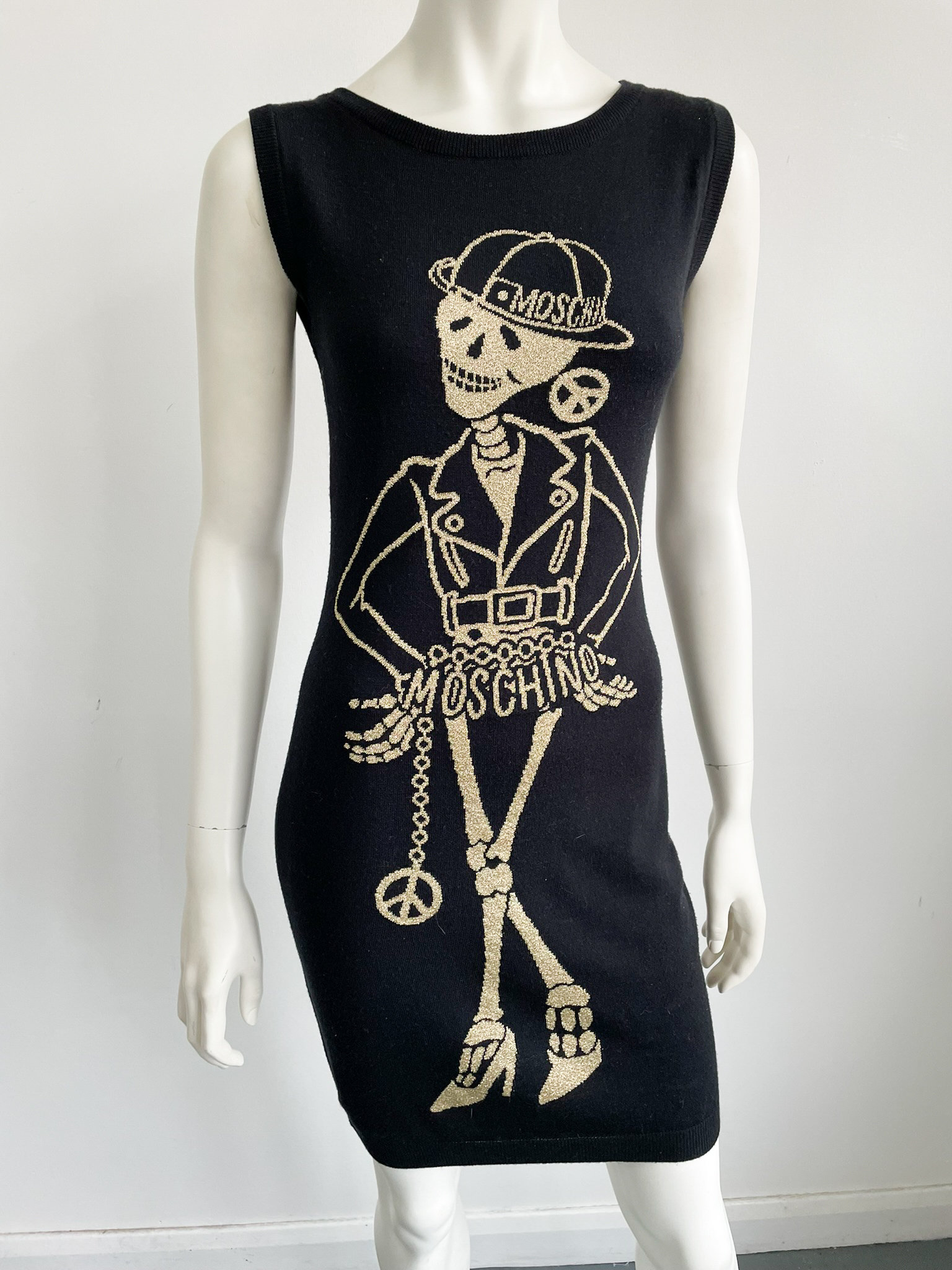 Moschino Couture Skeleton Knit Dress, Gold Metallic Intarsia