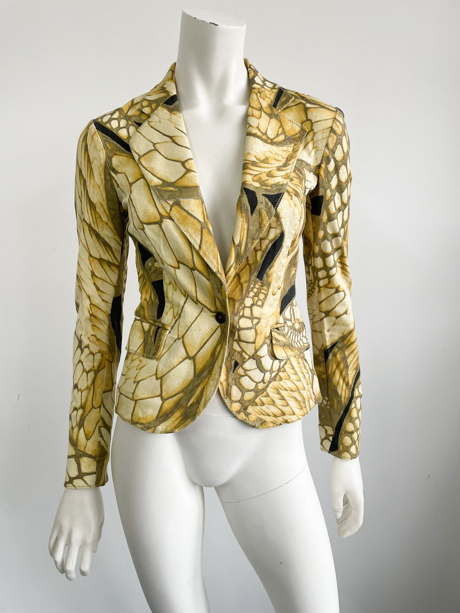 Roberto Cavalli Y2K Jacket: Gold Snakeskin Print, Stretch Denim