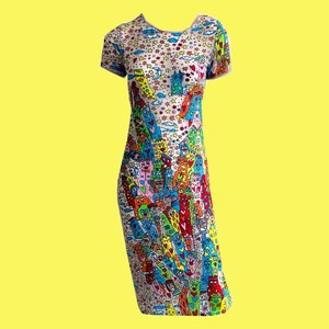 Y2K Roberto Cavalli Freedom Dress, Semi Sheer, Cartoon Novelty Print, Colourful, Knee Length, Festival Wear, Keith Haring Inspired