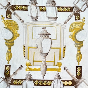 Pañuelo cuadrado de seda vintage Hermès, Feux de Route, en color marrón, diseño de Cathy Latham, detalles en ratán, diseñadora parisina.