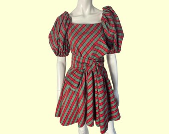 Vintage Green & Red Tartan Puff Sleeve Party Dress – Handmade, Matching Belted, Mini Dress, Size 10-12 UK, EU 38-40