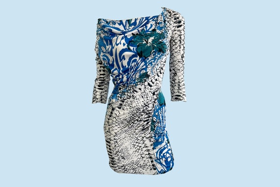 Emilio Pucci Snakeskin and Floral Print Dress Jersey Figure Hugging Fabric Half Sleeves Blue White and Black Knee length Dress Etsy Canada