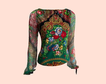 Blusa con estampado paisley Y2K: blusa floral con mangas transparentes, talla L