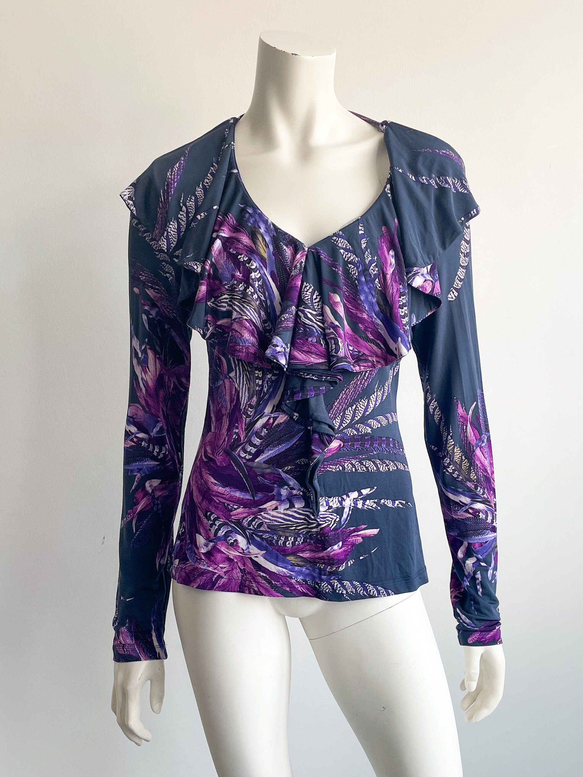 Y2K Just Cavalli Feather Print Top, Roberto Cavalli, Purple