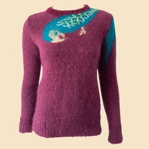 80s Mohair Parrot Sweater: Vintage Aubergine Purple Knit Jumper