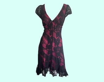 Vintage 90s Betsey Johnson Lace Overlay Dress | Black Pink Floral Lace | Cap Sleeve V-Neck | Fit and Flare | Size Large, UK 12, EU 40, US 8