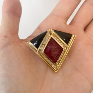 Vintage 1980s Christian Dior Brooch | Art Deco Diamond | Ruby Glass & Rhinestone | Black Enamel | Gold Tone