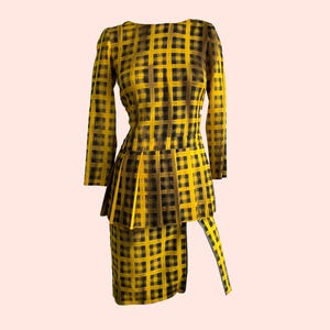 Moschino Couture Yellow Check Wool Dress: Peplum Detail, Slit - UK 6 / EU 34