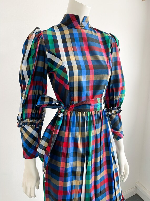Vintage 70s Taffeta Dress, Mutlcolour Plaid, Chec… - image 3
