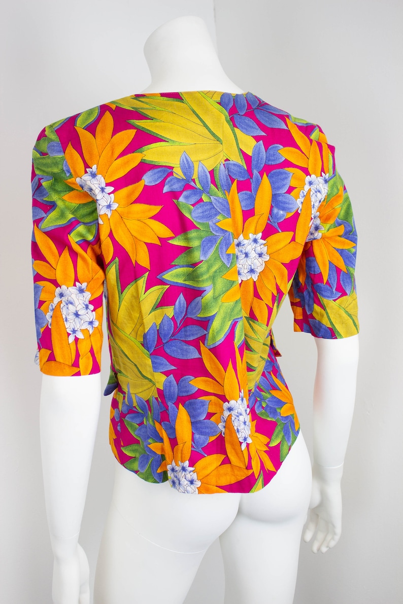 Vintage Floral Print Jacket Tropical Flower Print Lightweight Summer Jacket 1980s 80s Size 12 EU 40 Medium
