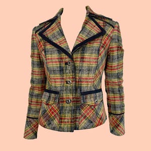 Vintage Mariella Rosati 80s Tartan Blazer, Colourful Plaid Check, Fitted Jacket, 1980s, Size 8 UK, EU 36, Preppy Style