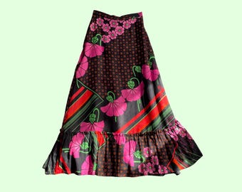 Vintage 70s Handmade Floral Maxi Skirt | Pink Magenta Poppy Print Ruffle Hem | A-Line 1970s Skirt | Bold Graphic Print | XS UK 6–8 Waist 26"
