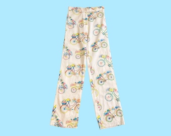 Red Or Dead Vintage Bicycle Print Trousers | Floral Bike Novelty Print High Rise Straight Leg Cotton Pants | UK 8-10 Designer Vintage, Small