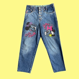 Jeans vintage anni '80 con Topolino e Minnie, Chewan Authentic American Retro Denim, Jeans a vita alta, Stampa di cartoni animati originali
