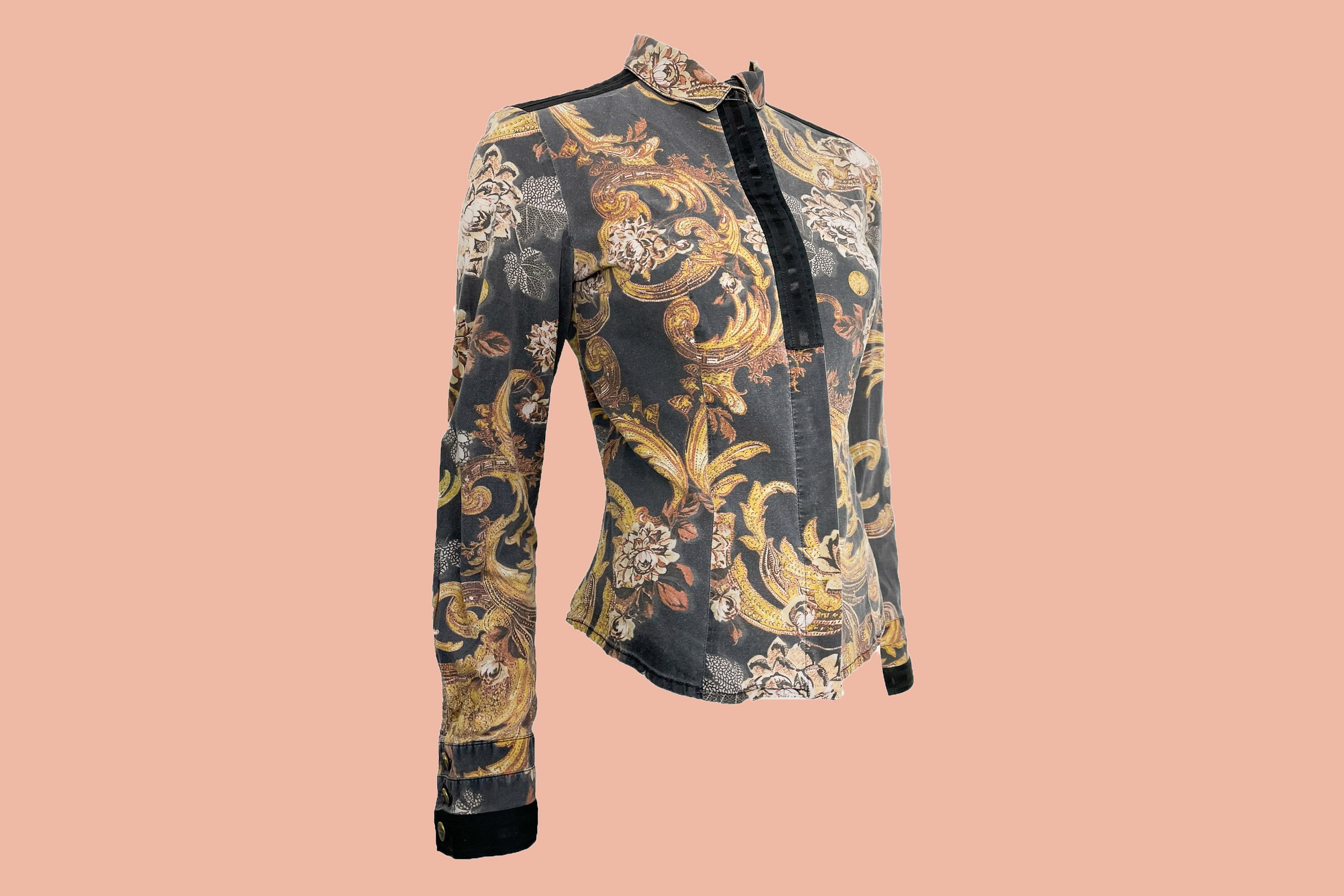 Y2K Just Cavalli Baroque Scroll Print Shirt | Gold & Grey | Button