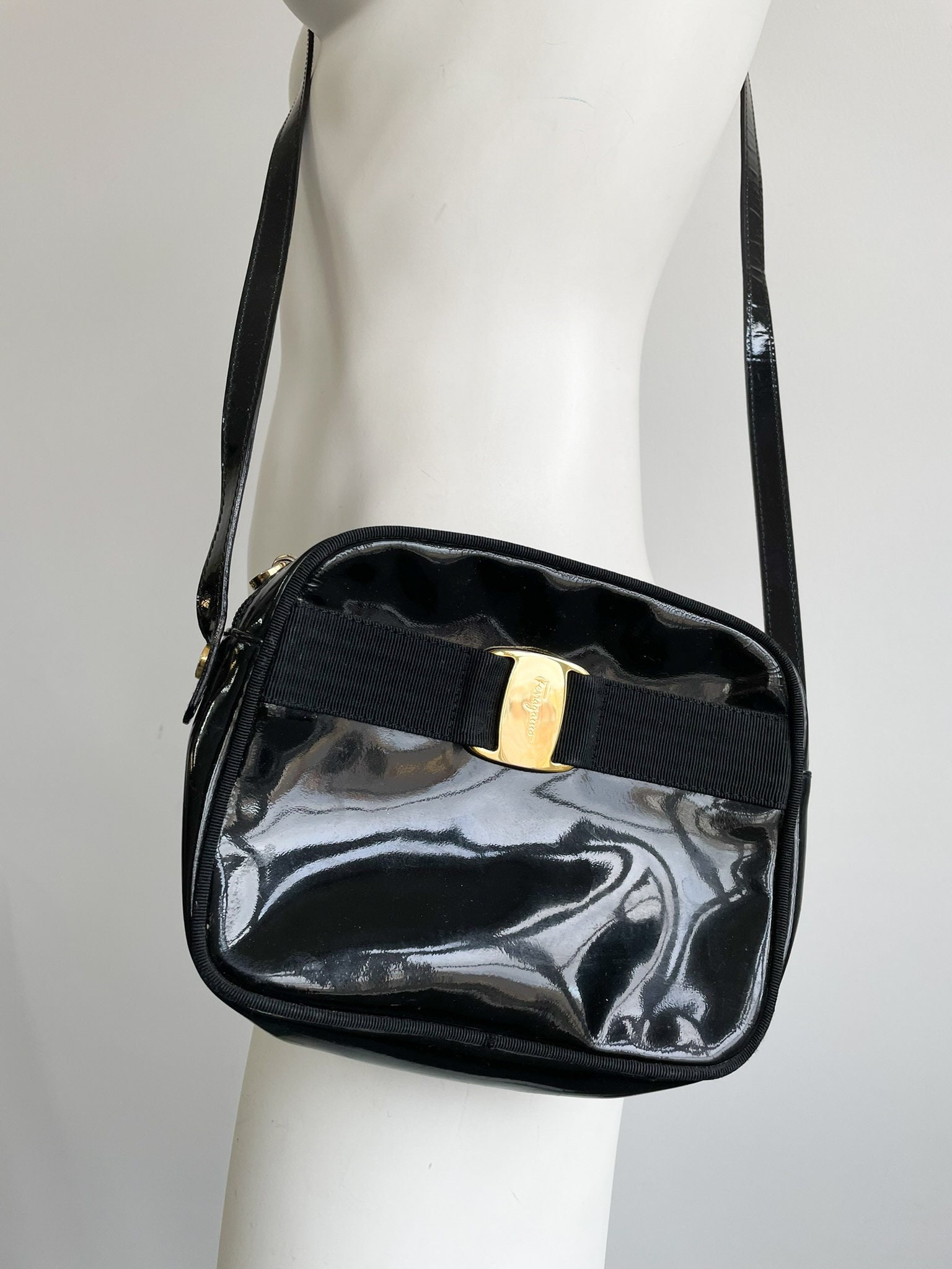 Vintage Salvatore Ferragamo Black Handbag, Patent Leather Vintage Salvatore Ferragamo Black Handbag, Patent Leather
