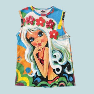 Y2K Work by Eaksak Hippie Chick Print Top, Tank Top, Gorgeous Unusual Flower Girl Print, Embellished Vest Top, Size L, Large