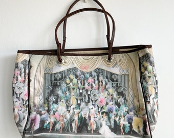 Vintage 90s Anya Hindmarch Bag, Iconic Showgirls Print, Tote Bag with Brown Leather Straps