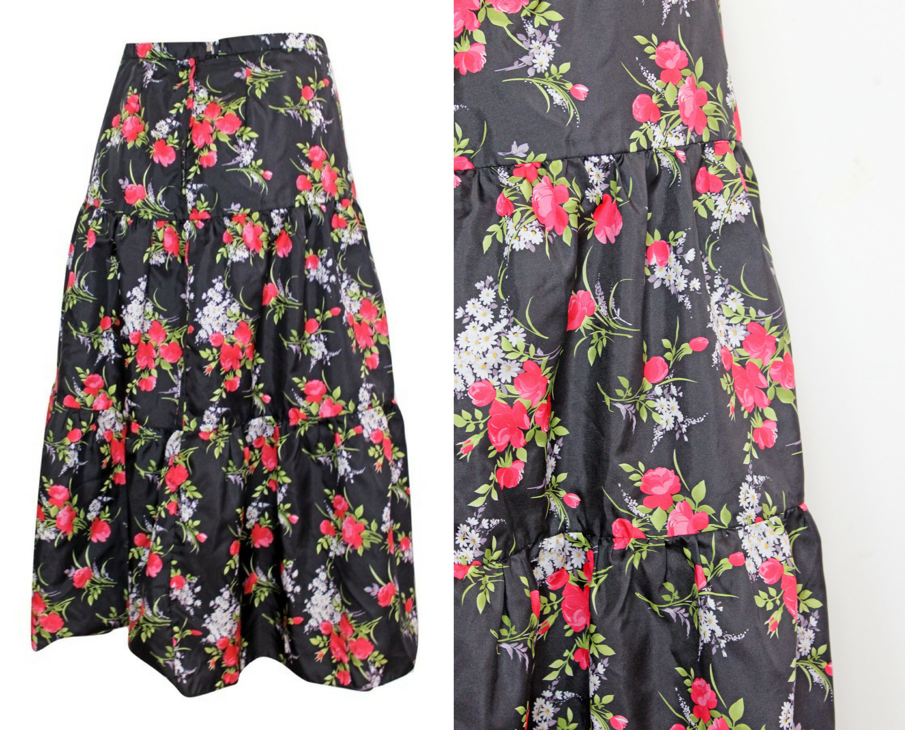 Image of Vintage S Black Floral Print Tiered Skirt Size -/-/Red & Rose Flower A-Line Midi