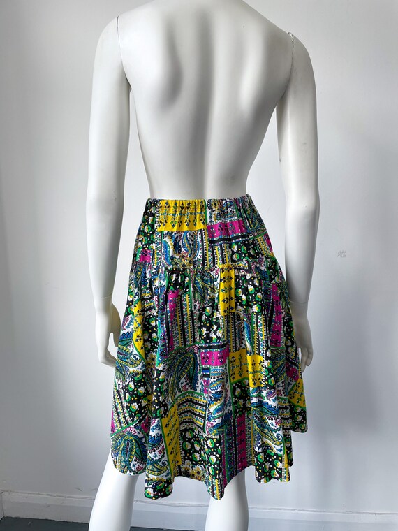 Vintage Patchwork Print Cotton Skirt,A-Line, 1970… - image 7