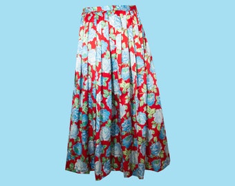 Vintage Floral Pleated Midi Skirt, Red and Blue, Flower Print, 1980s, 80s, High Waisted, Size 8, EU 36, Small