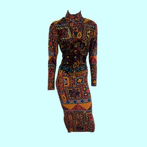 Vintage 80s Irie Paris Print Dress with Waistcoat, 1980s, 80s, Bodycon Turtleneck Maxi Dress, Geometric Print in Multicolour, Size M
