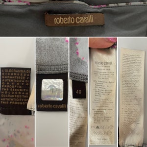 K&ouml;nnte beinhalten: Nahaufnahme eines Stoffes mit grau-wei&szlig;em Muster und einem braunen Etikett mit der Aufschrift "roberto cavalli". Das Etikett hat ein Gr&ouml;&szlig;enetikett mit der Aufschrift "40".