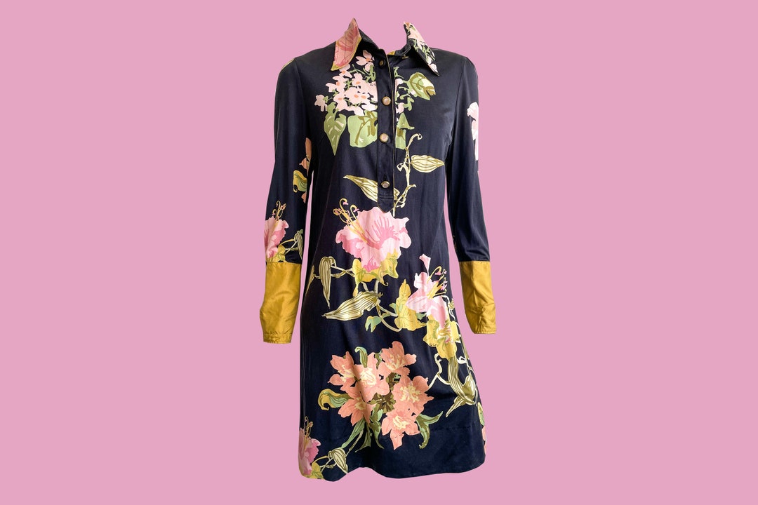 Vintage Ken Scott Floral Dress: 1980s Black Pink Gold Motif