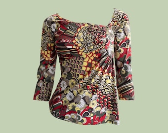 Vintage Y2K Just Cavalli-top: asymmetrische halslijn, metallic print, maat medium