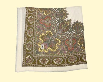 Yves Saint Laurent 1980s Fine Wool Paisley Square Shawl — XL | Olive, Pink, Yellow & Cream | YSL Large Cover Up Scarf, Boho Chic