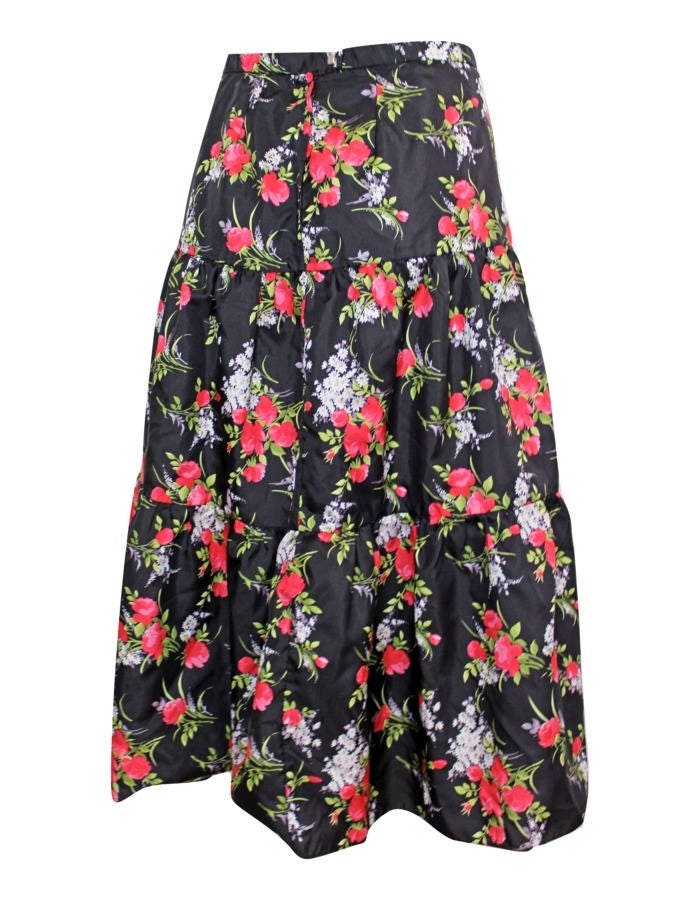 Vintage 80s Black Floral Print Tiered Skirt Size 8-10/36-38 / | Etsy