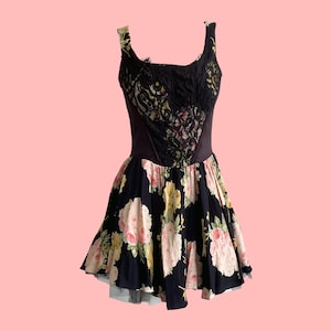 Y2K Betsey Johnson Dress, Bustier Corset Top, Floral Silk Skirt, Black, Pink and Cream, Witchcore, Gothic, A-Line Skirt