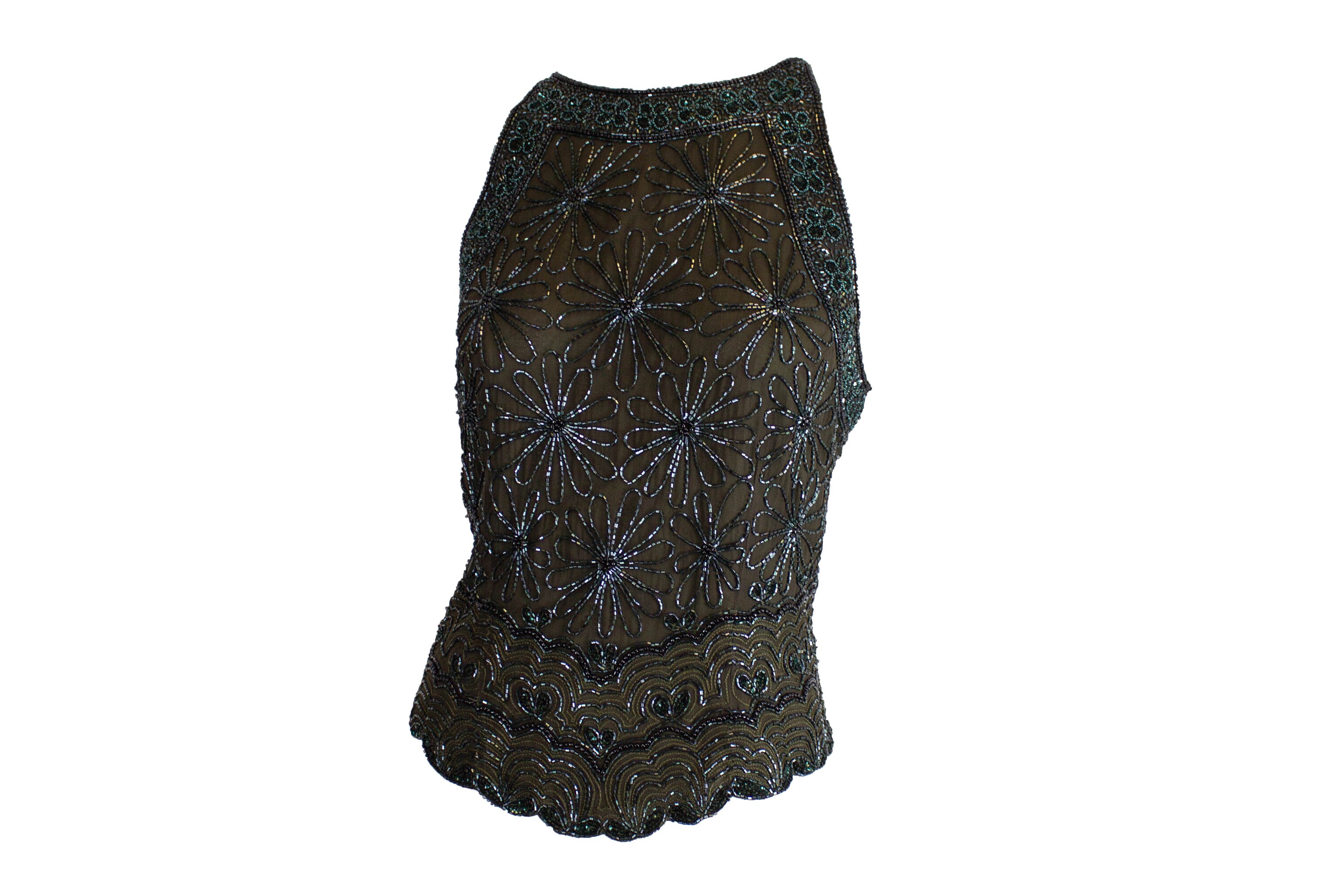 Image of Vintage Khaki Beaded Floral Top/Halterneck Silk Black Embellishment S S Size  Eu  Medium
