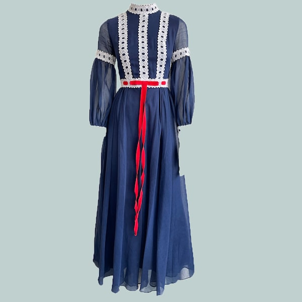 Vintage 70s Navy Blue Maxi Dress, Cottagecore, Blue, Red and White, A-Line Floor Length Dress, Puff Sleeves, 1970s, Prairie Dress