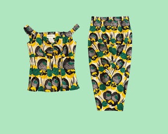 Sportmax Resort 2021 Bustier Top & Pencil Skirt Set | Designer Abstract Floral Print Two Piece, Green and Yellow Co Ord | UK 8, EU 36, US 4