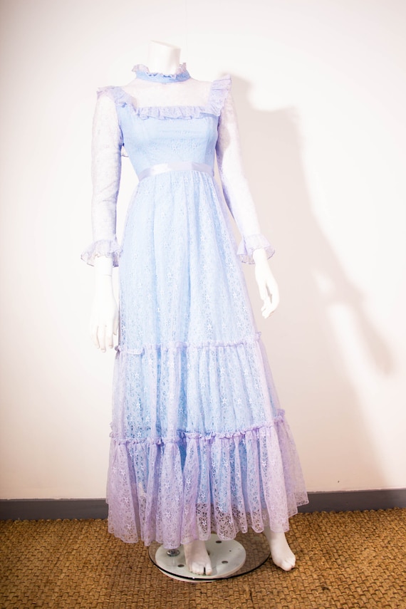 Vintage 70s Lace Maxi Dress / Blue / Edwardian St… - image 2