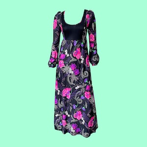 Vintage 70s Floral Maxi Dress, Black & Pink, Flower Print, Scoop Neck, Bishop Sleeves, 1970s, Cottagecore