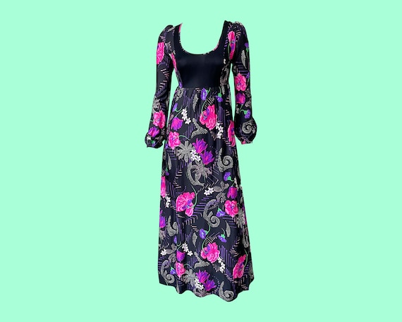 Vintage 70s Floral Maxi Dress, Black & Pink, Flow… - image 1