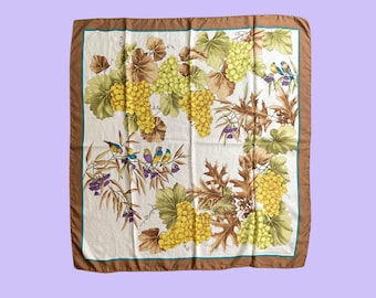 Vintage 80s Silk Square Scarf | Bird & Grape Vine Botanical Print | Brown Cream Teal | French Cognac House Scarf