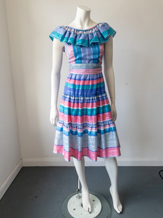 Vintage 70s Striped Dress, Stripy, Pastel Blue an… - image 2