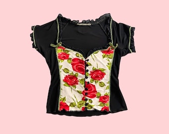 Wheels and Dollbaby "Eden Rose" Sweetheart Neckline Top | Black & Red Rose Print | Rockabilly Glamour, Size 10 UK, EU 38, US 6