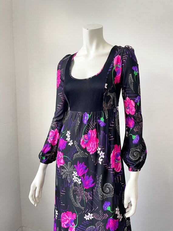 Vintage 70s Floral Maxi Dress, Black & Pink, Flow… - image 6