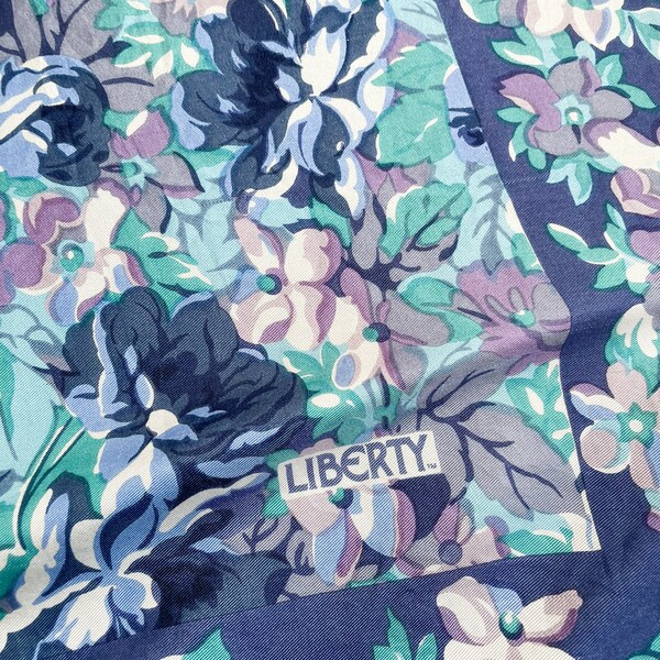 Vintage Liberty of London Scarf, Floral Design, Purple Blue and White Tones, Rolled Hem, Original 70s Item, 26 inches Square