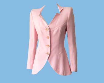 Tomasz Starzewski Pink Floral Button Blazer, Tailored Fitted Jacket, Baby Pink, 1980s, 80s, Elegant, Jackie O Style