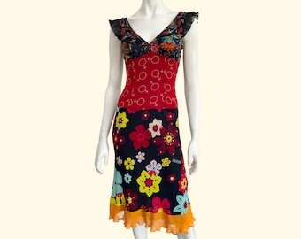Vintage Moschino Jeans Floral Midi Dress: Pleated Cap Sleeves, Ruffled Hem