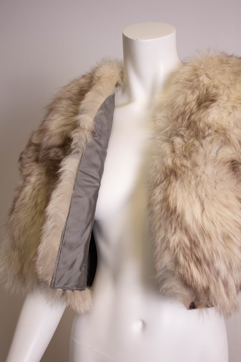 Vintage Cropped Fur Jacket 1970s 70s Fox Fur Leather White Size 12 EU 40 Medium
