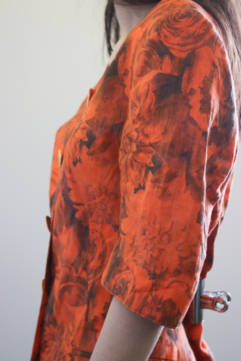 80s Paola Santi Orange Jacket Floral Print Fitted Jacket Short Sleeves Gold Buttons Power Dressing Size S Small