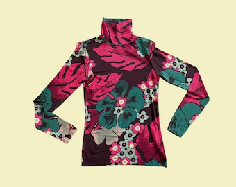 Maglia a collo alto floreale Y2K di Dries Van Noten / Stampa a grande scala / Maglia a collo alto elasticizzata e aderente / Designer / XS / UK 6–8