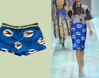 Stella Jean Mini-Shorts mit Vogel-Print, Stoff mit afrikanischem Wax-Print, Baumwoll-Shorts, italienischer Designer, Knopfverschluss aus Perlmutt