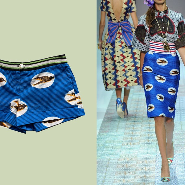 Stella Jean Bird Print Mini Shorts, African Wax Print Fabric, Cotton Shorts, Italian Designer, Mother of Pearl Button Fastening